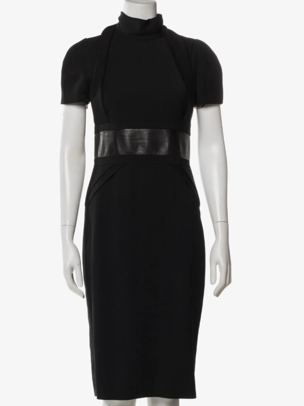 Gucci Leather Short Sleeve Mock Neck Black Crepe Dress and Leather Waistband